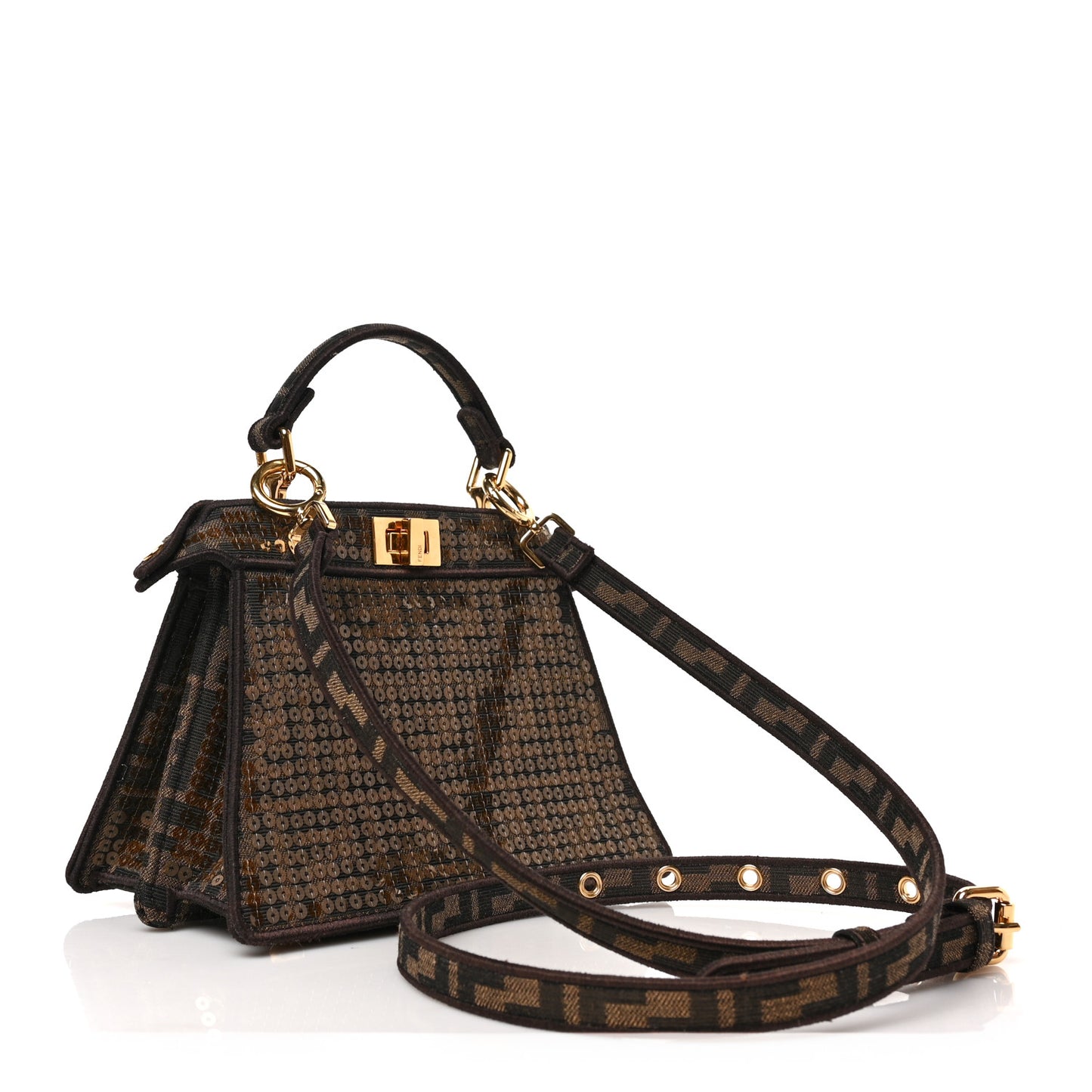 Fabric Jacquard Paillettes Vitello Seta FF 1974 Petite Peekaboo I SEE U Satchel Tobacco Moro