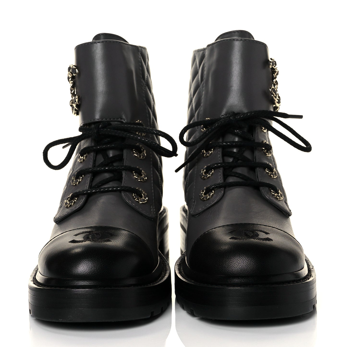 Shiny Lambskin Quilted Lace Up Combat Boots 38.5 Grey Black