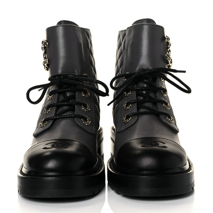 Chanel Shiny Lambskin Quilted Lace Up Combat Boots 38.5 Grey Black 2 of 8