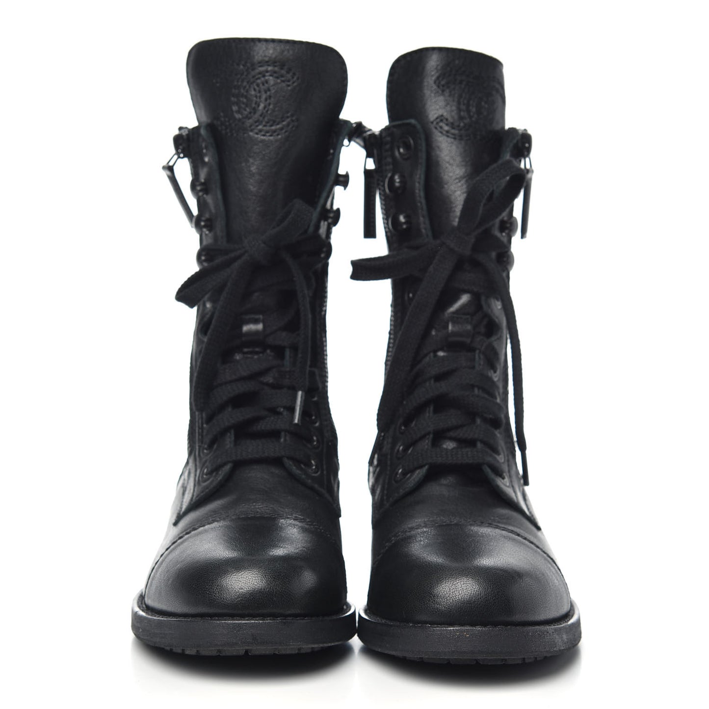 Calfskin Quilted Lace Up Combat Boots 37.5 Black