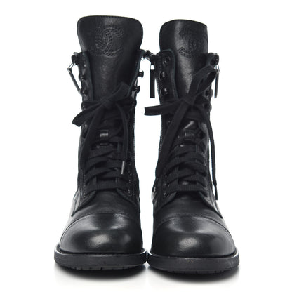 Chanel Calfskin Quilted Lace Up Combat Boots 37.5 Black 2 of 8
