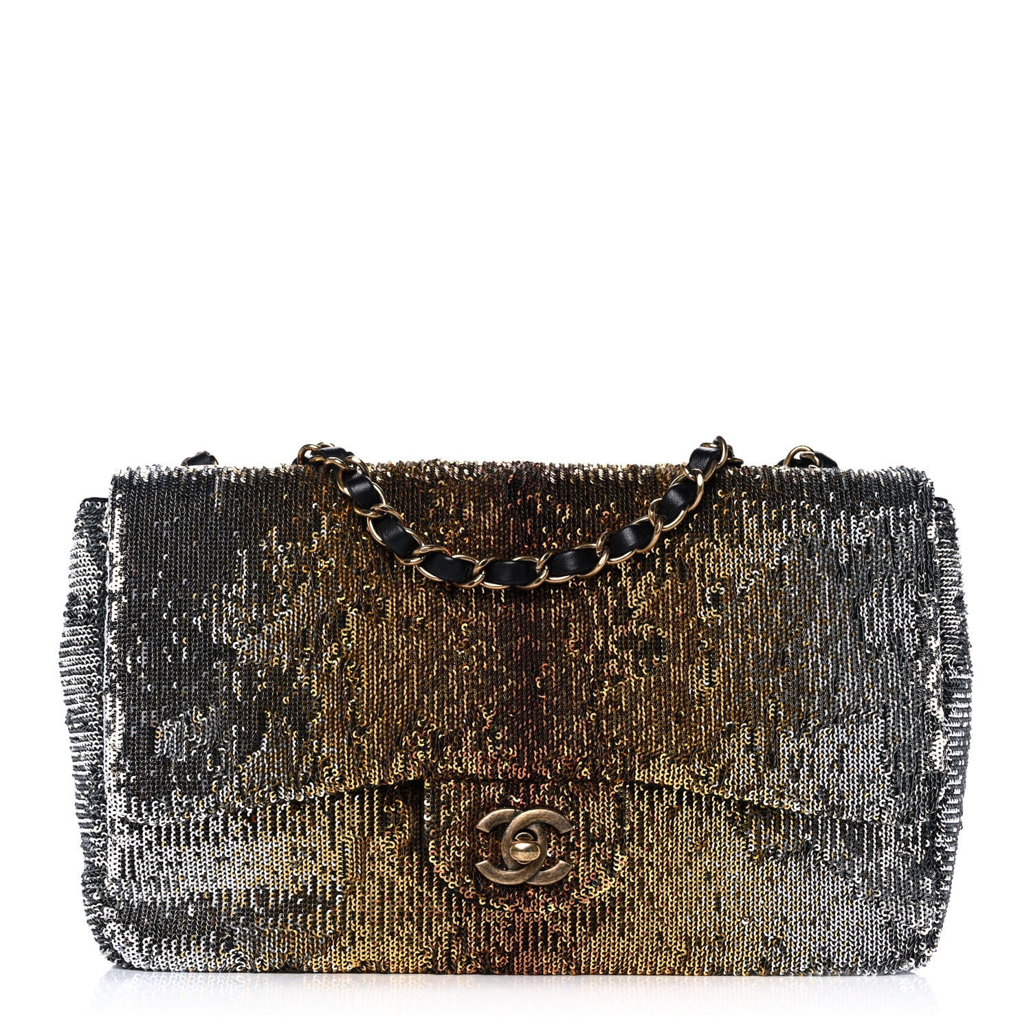Chanel Sequin Medium Single Flap Silver Gold 1 of 10