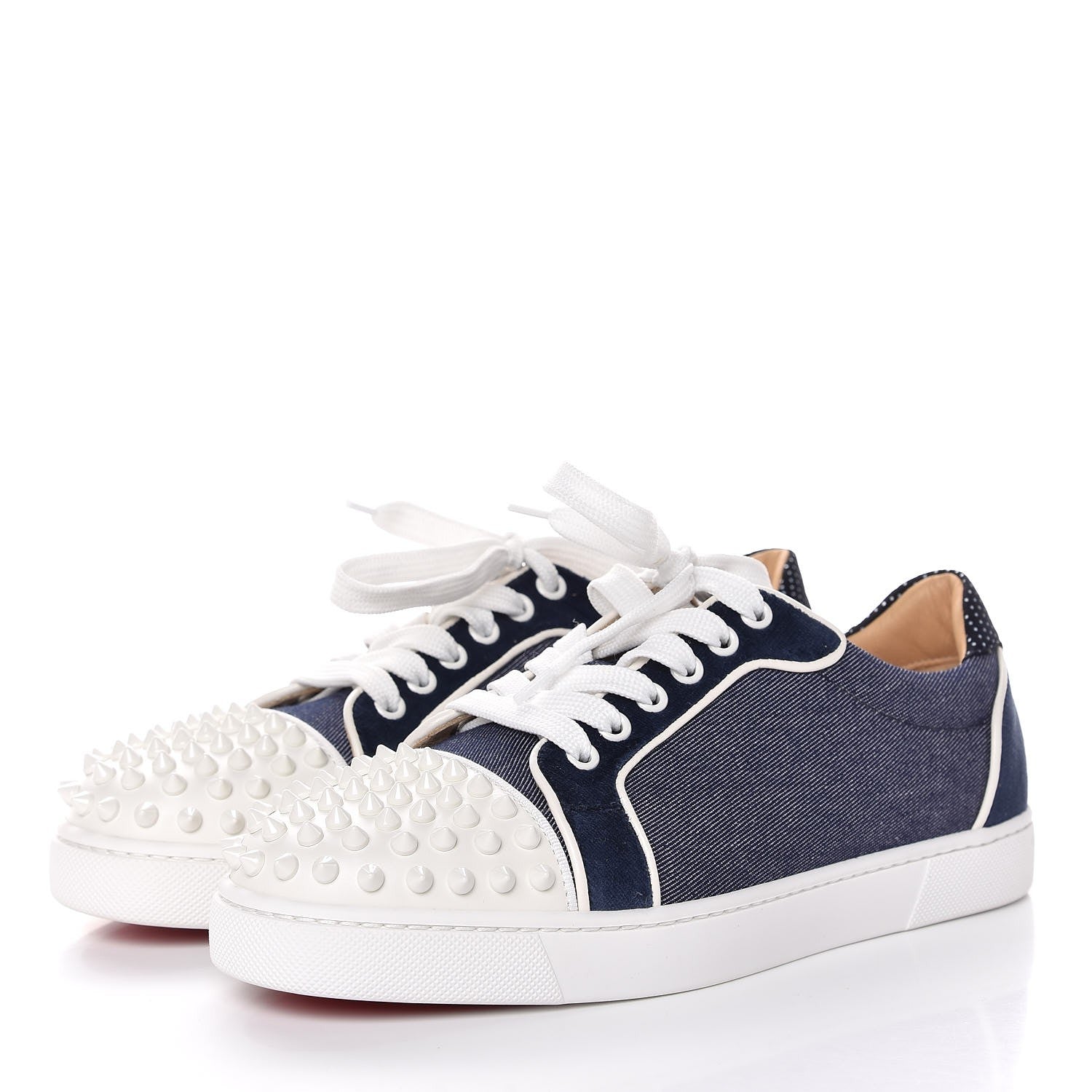 Christian Louboutin Denim Velours Spikes Vieira Flat Sneakers 38 Navy Latte 3 of 9