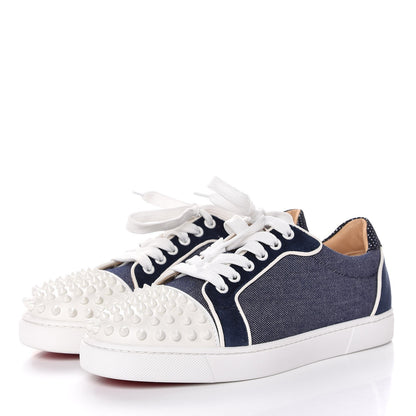 Christian Louboutin Denim Velours Spikes Vieira Flat Sneakers 38 Navy Latte 3 of 9