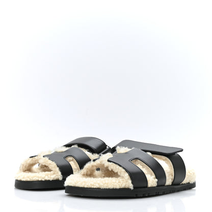 Hermes Veau Indios Woolskin Womens Chypre Sandals 36 Black Ecru 3 of 8