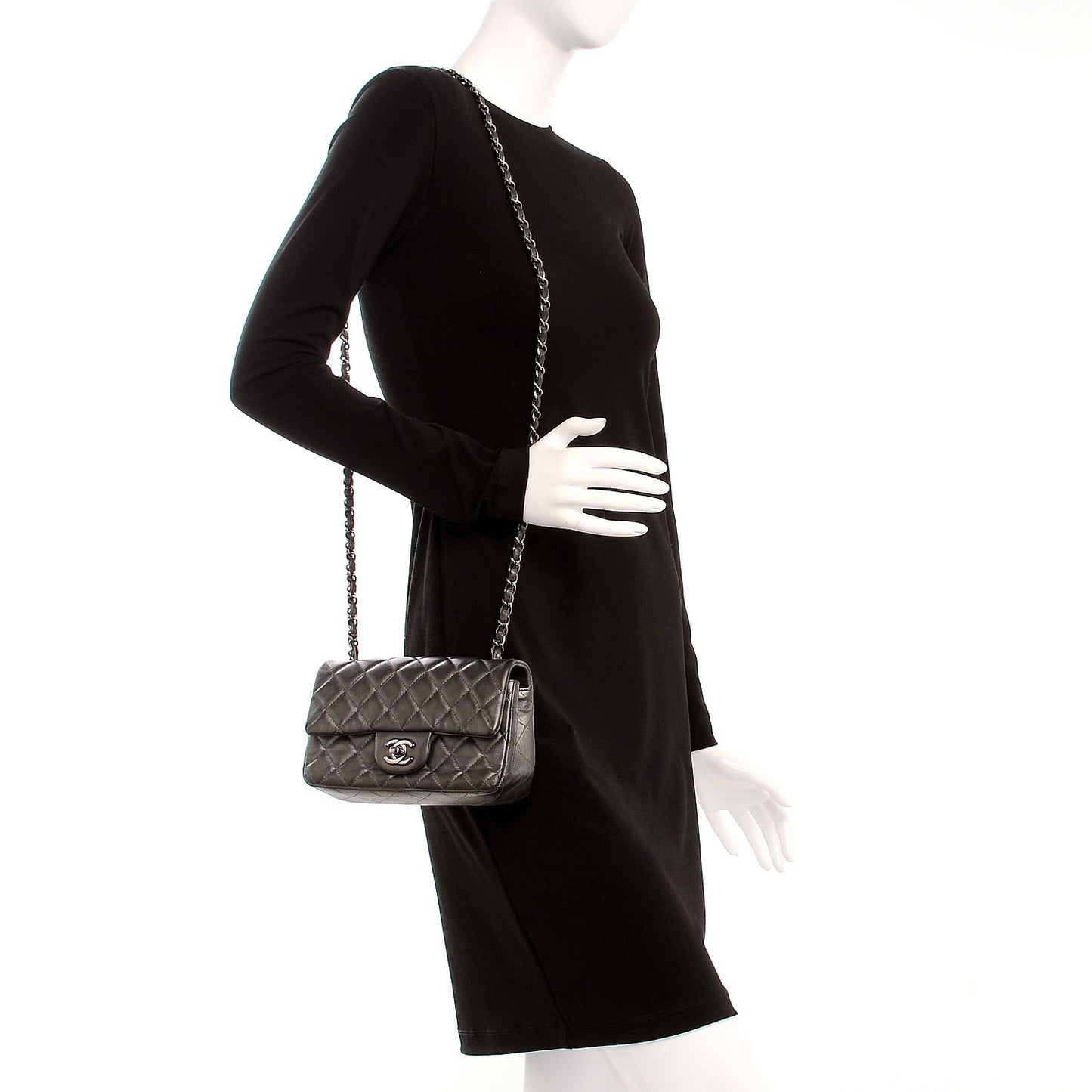 Metallic Calfskin Quilted Mini Rectangular Flap Dark Grey