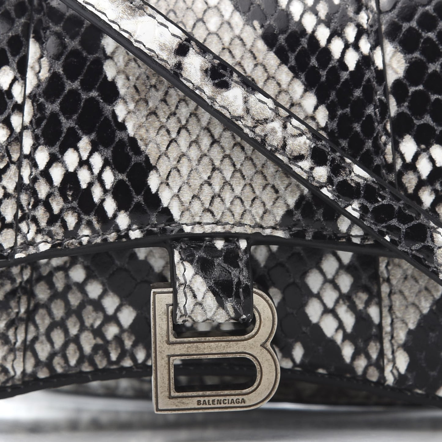 Shiny Calfskin Python Effect Hourglass Top Handle Bag Mini Black White