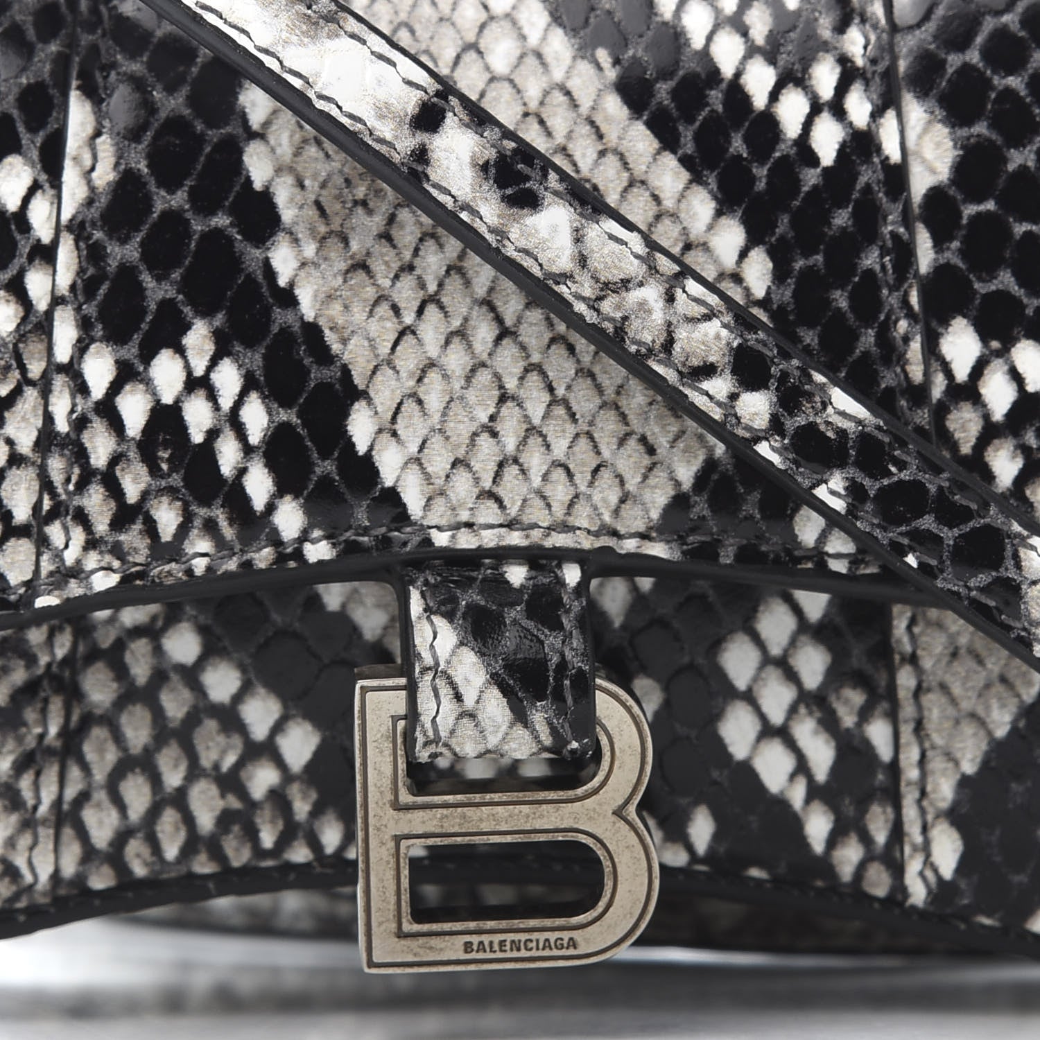 Balenciaga Shiny Calfskin Python Effect Hourglass Top Handle Bag Mini Black White 9 of 10