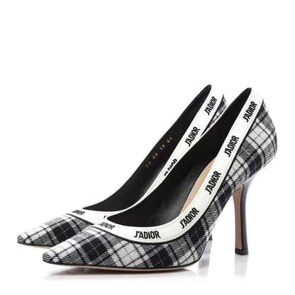 Christian Dior Canvas Ribbon Tartan Print Embroidered J'Adior 100mm Pumps 41 Black Off White 3 of 9