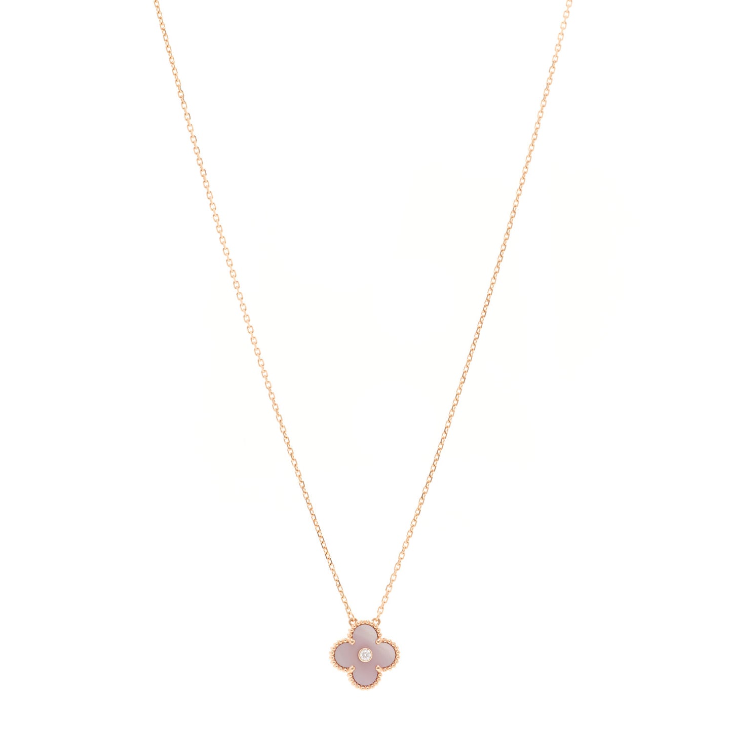18K Rose Gold Diamond Pink Mother of Pearl Vintage Alhambra Pendant Necklace