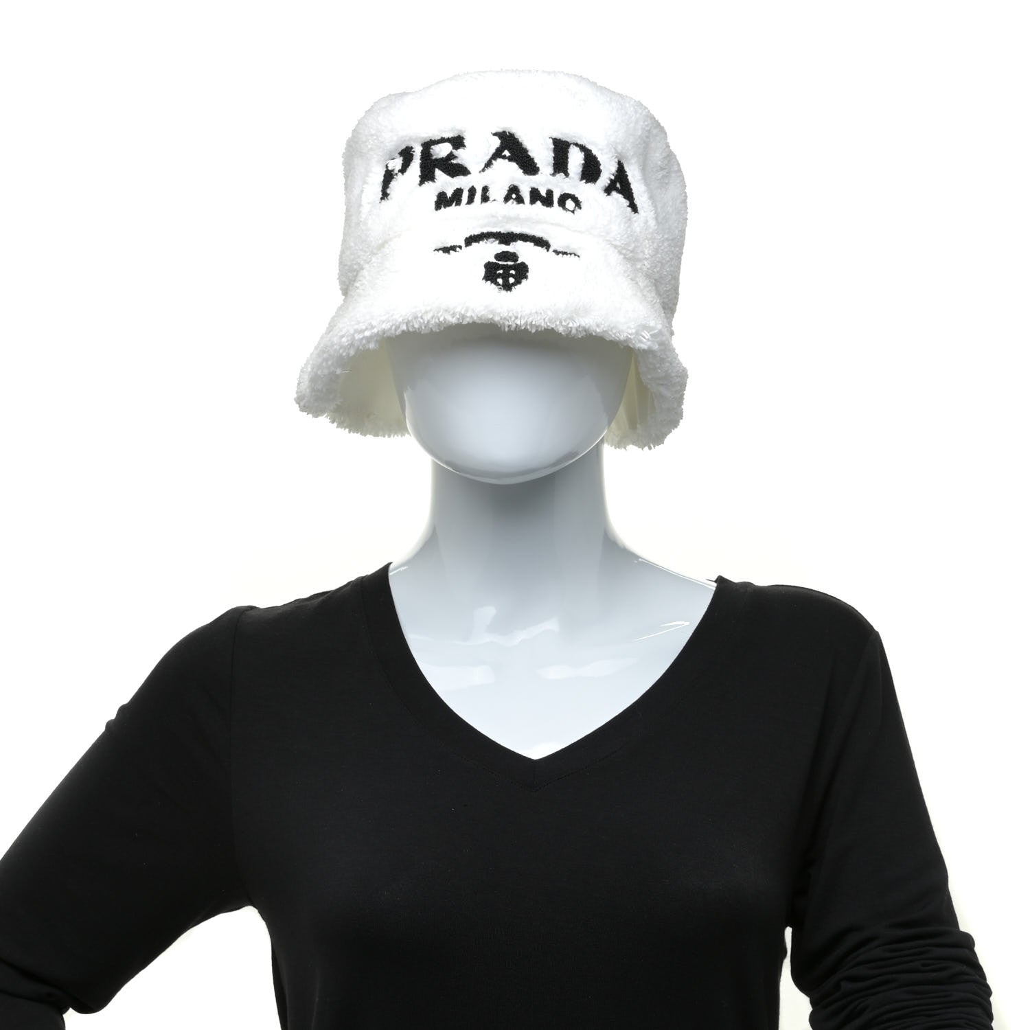 Prada Terry Cloth Logo Embroidered Womens Bucket Hat M White Black 2 of 5