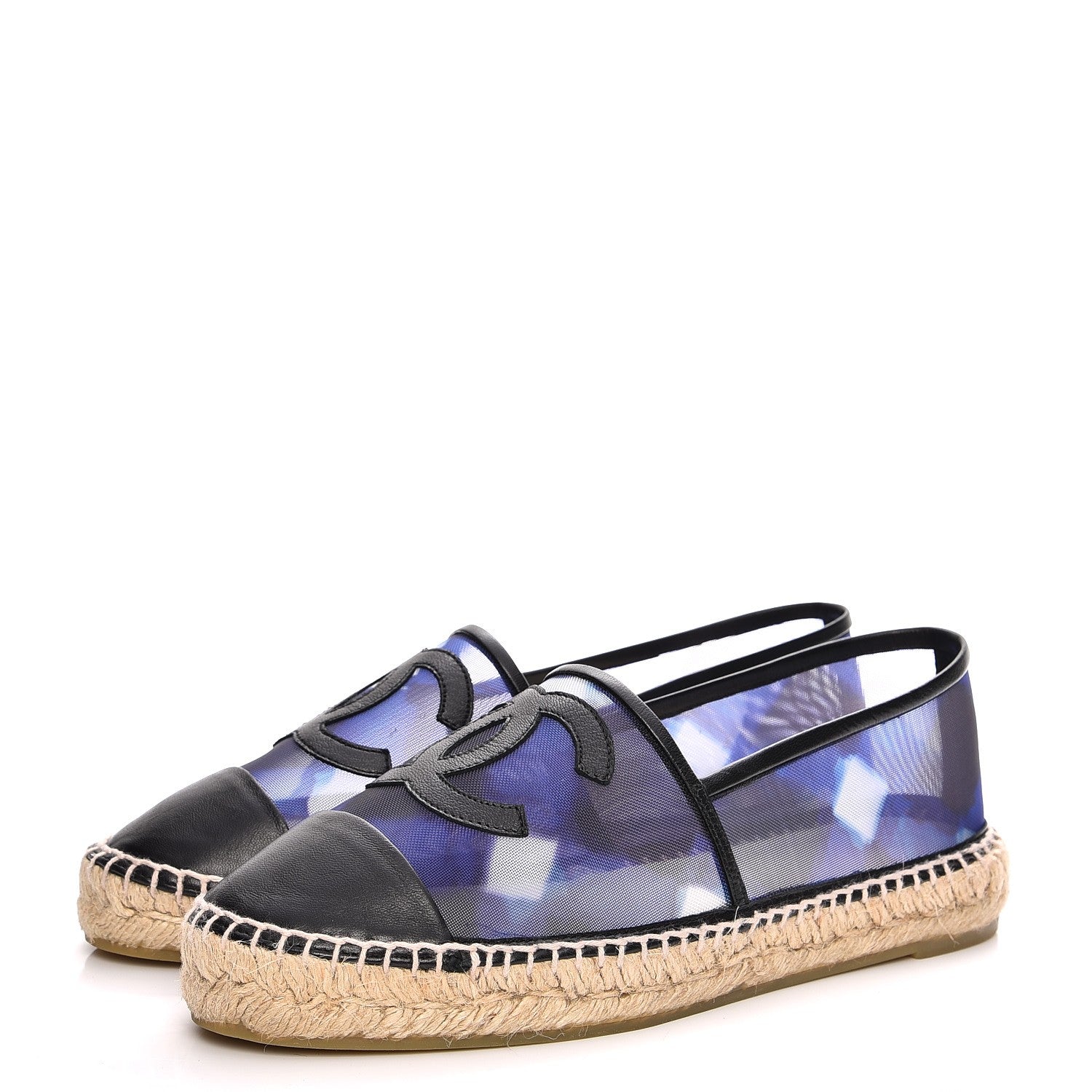 Chanel Mesh Lambskin Check Print CC Espadrilles 39 Blue Black White 3 of 8