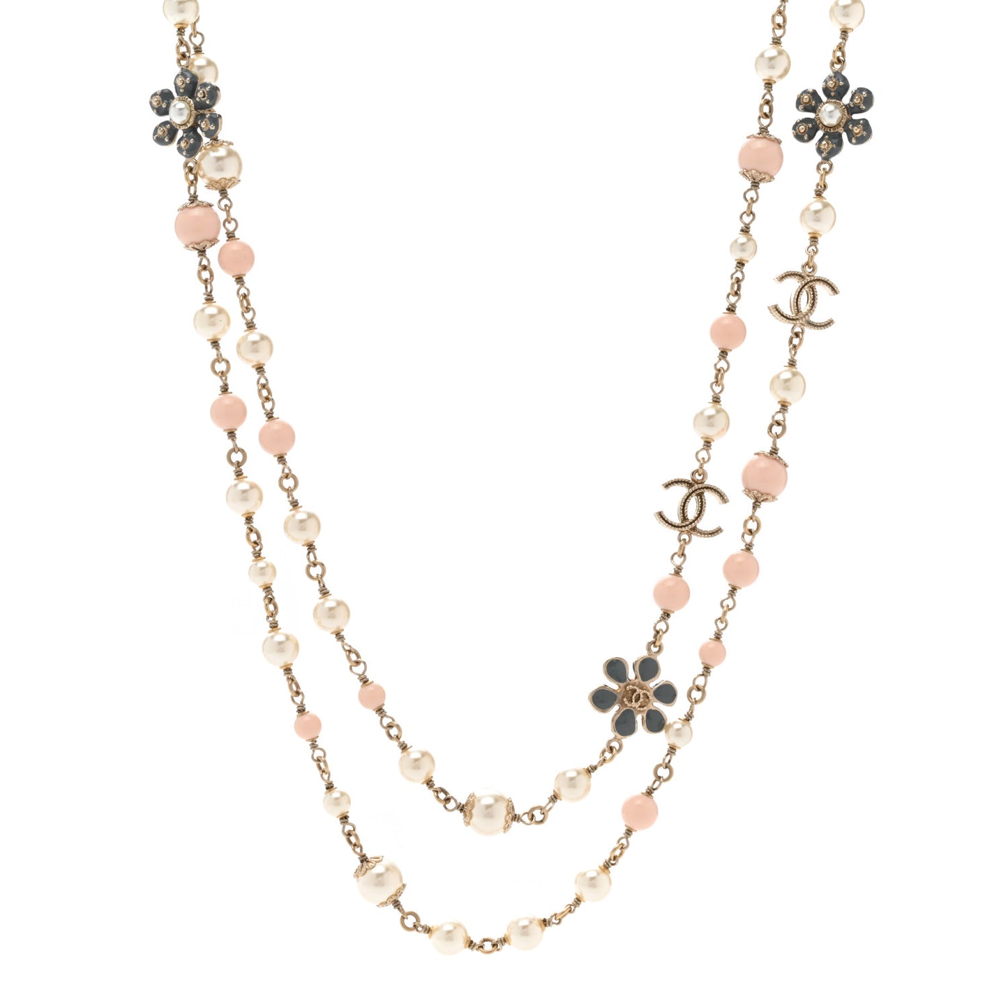 Enamel Pearl Beaded Camellia CC Long Necklace Gold Pink