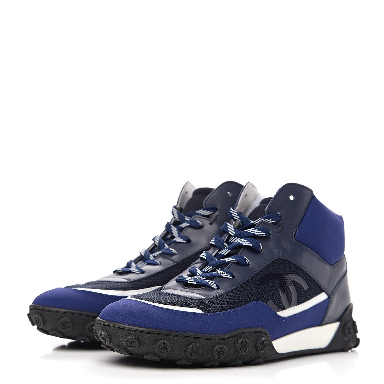 Chanel Calfskin Mesh Lycra Womens Logo High Top Sneakers 39.5 Blue 3 of 9
