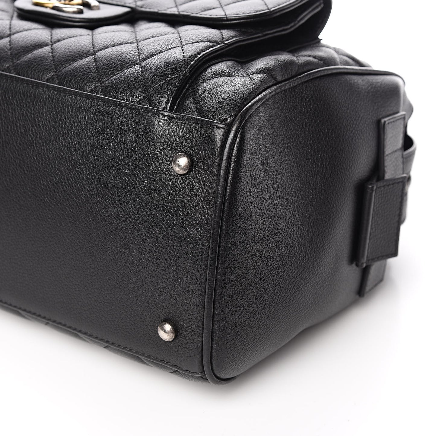 Grained Calfskin Quilted Large Casual Pocket Bowling Bag Black
