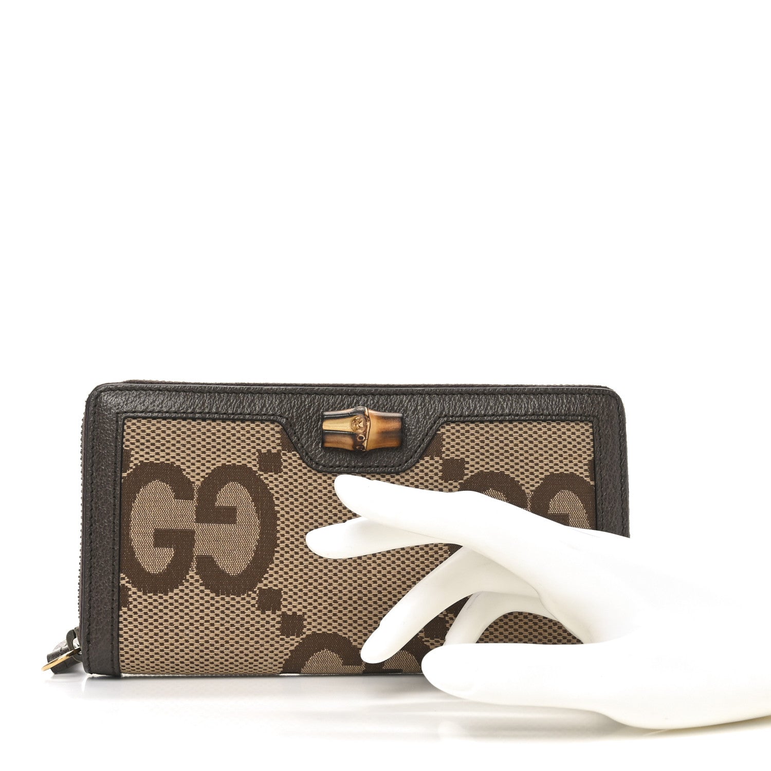 Gucci Monogram Jumbo GG Textured Dollar Calfskin Diana Zip Around Continental Wallet Camel Ebony New Acero 2 of 7