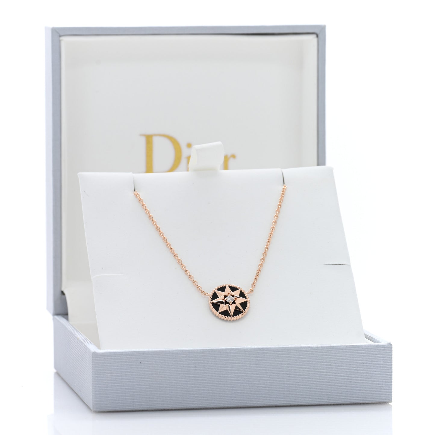 CHRISTIAN DIOR 18K Rose Gold Diamond Black Onyx Rose Des Vents Necklace