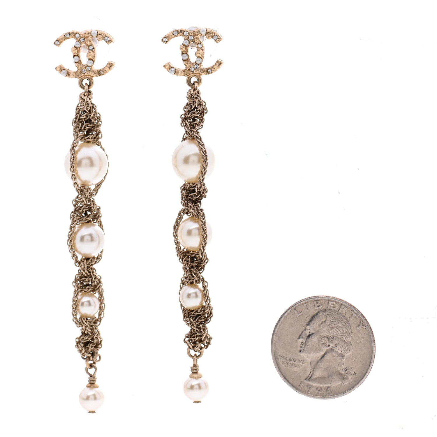Chanel Pearl Crystal CC Chain Drop Earrings Gold 2 of 6
