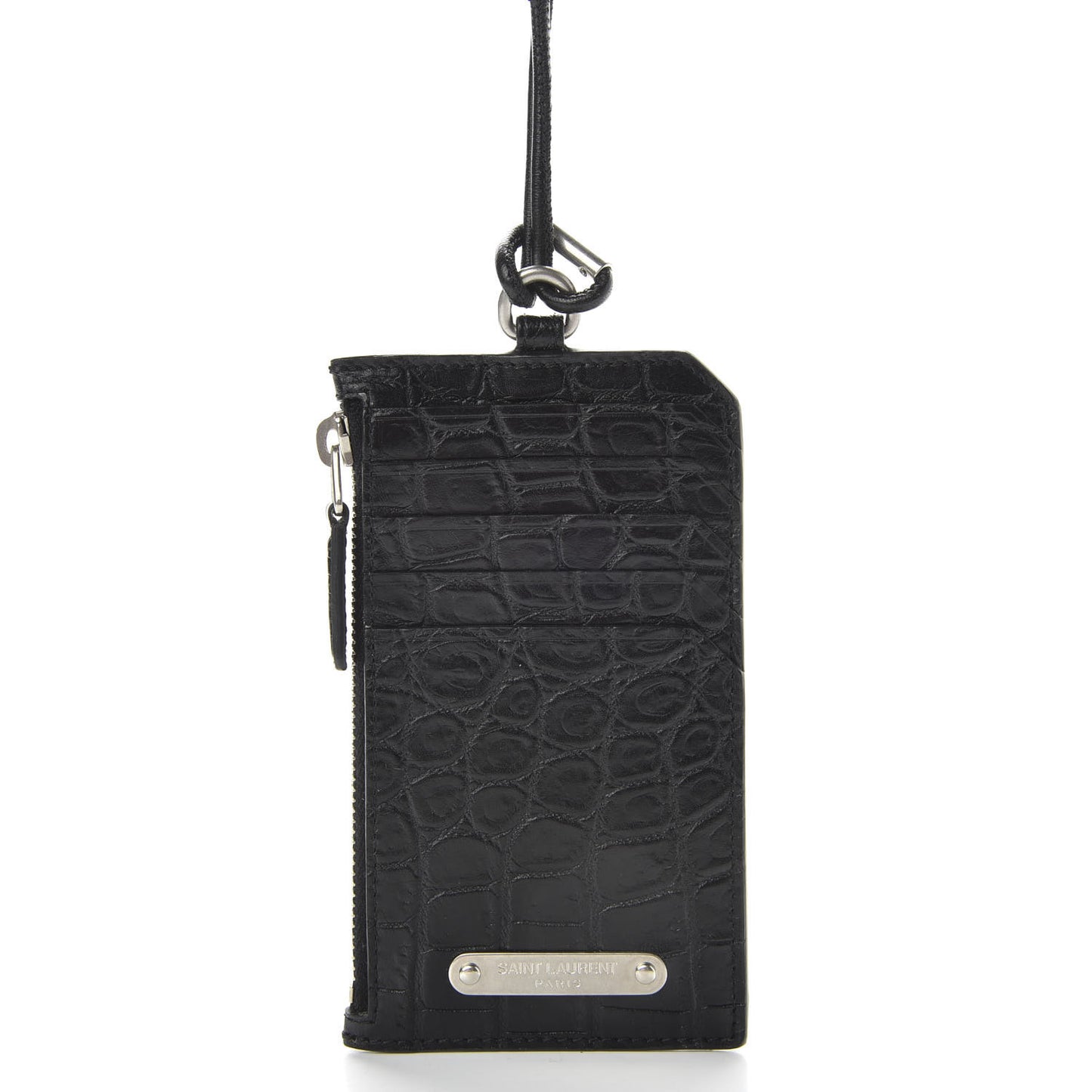 Calfskin Crocodile Embossed 5 Fragments Zip Pouch Card Holder Strap Black