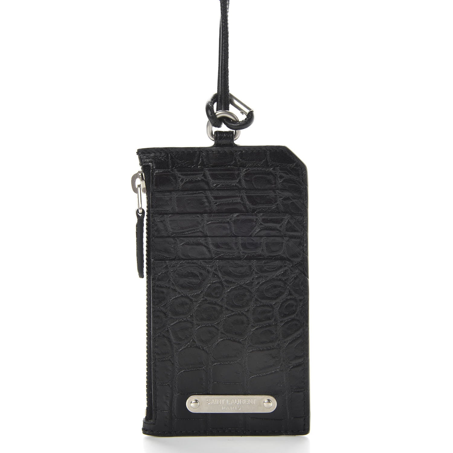 Saint Laurent Calfskin Crocodile Embossed 5 Fragments Zip Pouch Card Holder Strap Black 6 of 8