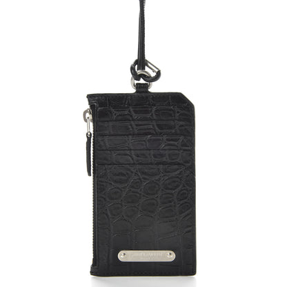 Saint Laurent Calfskin Crocodile Embossed 5 Fragments Zip Pouch Card Holder Strap Black 6 of 8
