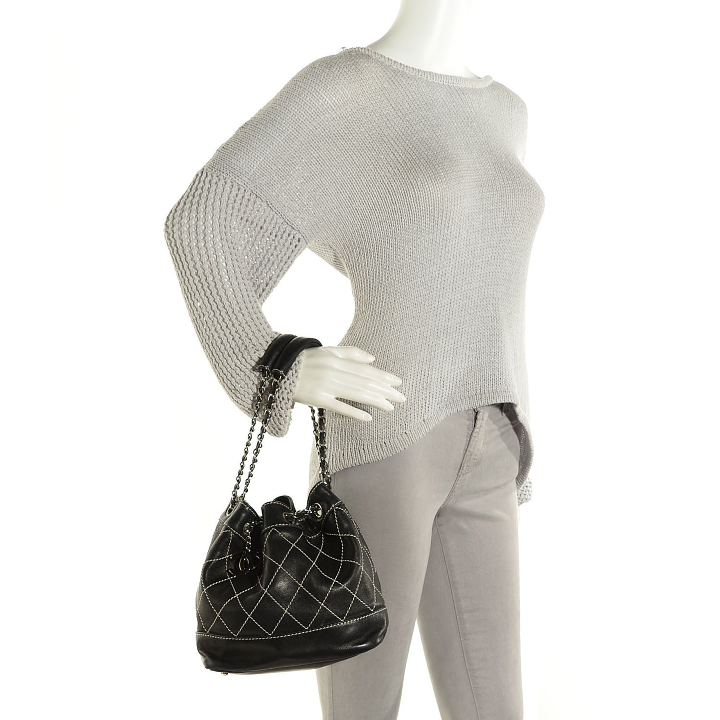 Lambskin Wild Stitch Drawstring Tote Black