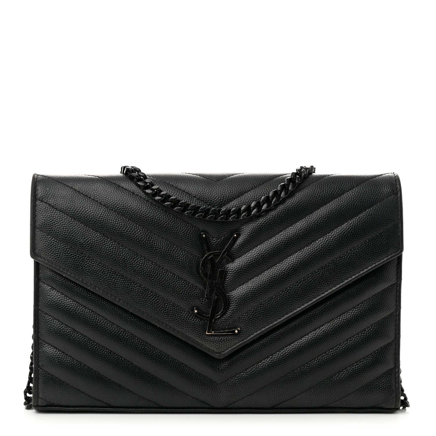 Saint Laurent Grain De Poudre Matelasse Chevron Monogram Monochrome Chain Wallet Black 1 of 13
