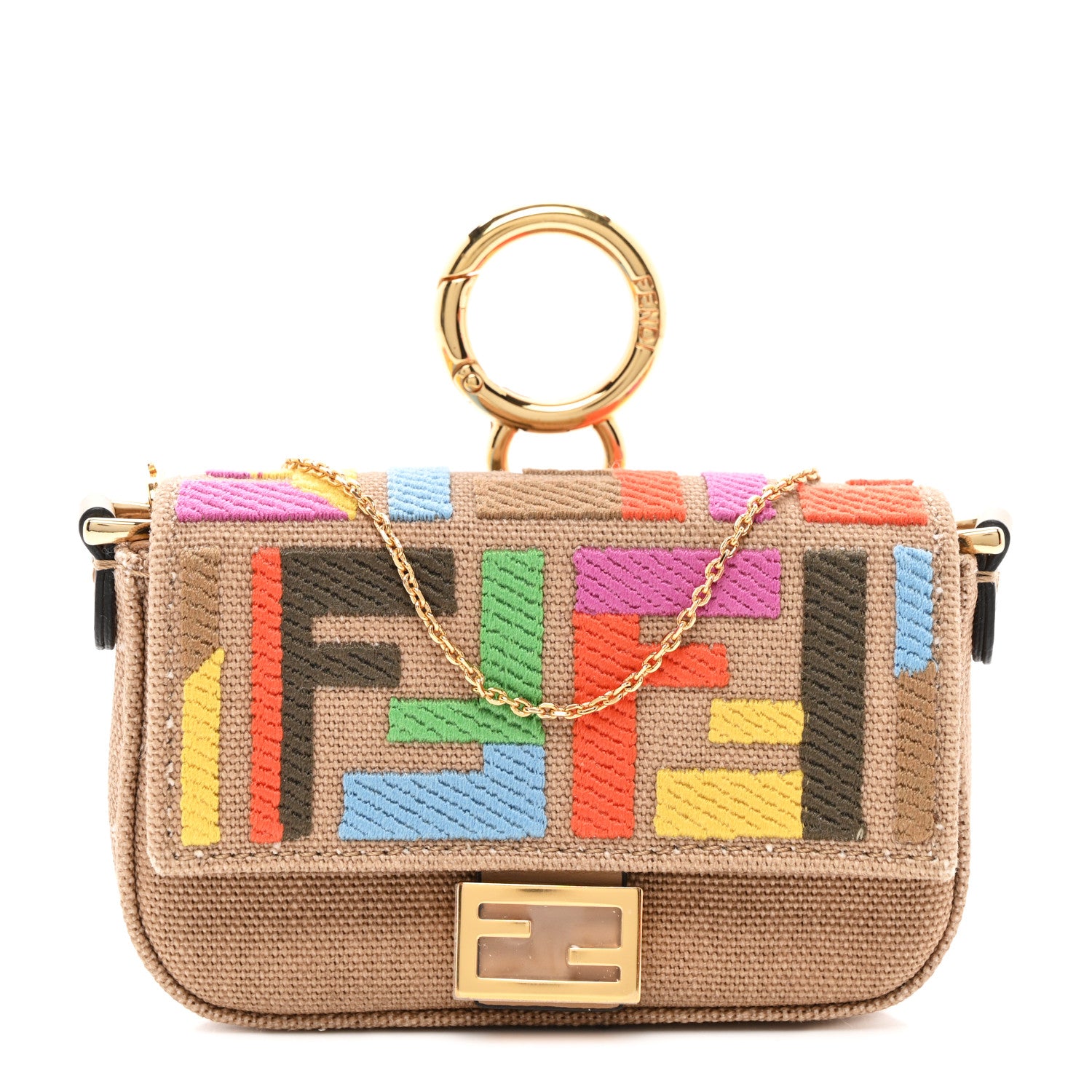 Fendi Canvas Vitello King FF Multicolor Embroidered Nano Baguette Charm Multicolor Cuoio 1 of 10
