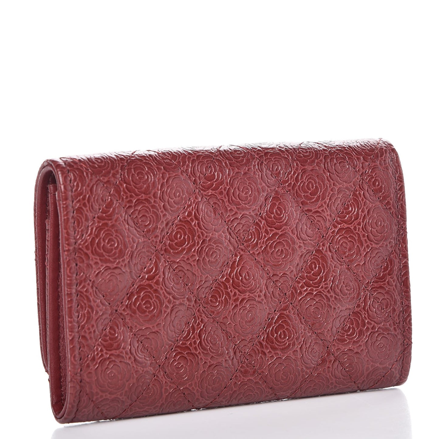 Calfskin Camellia Embossed Quilted Card Holder Burgundy