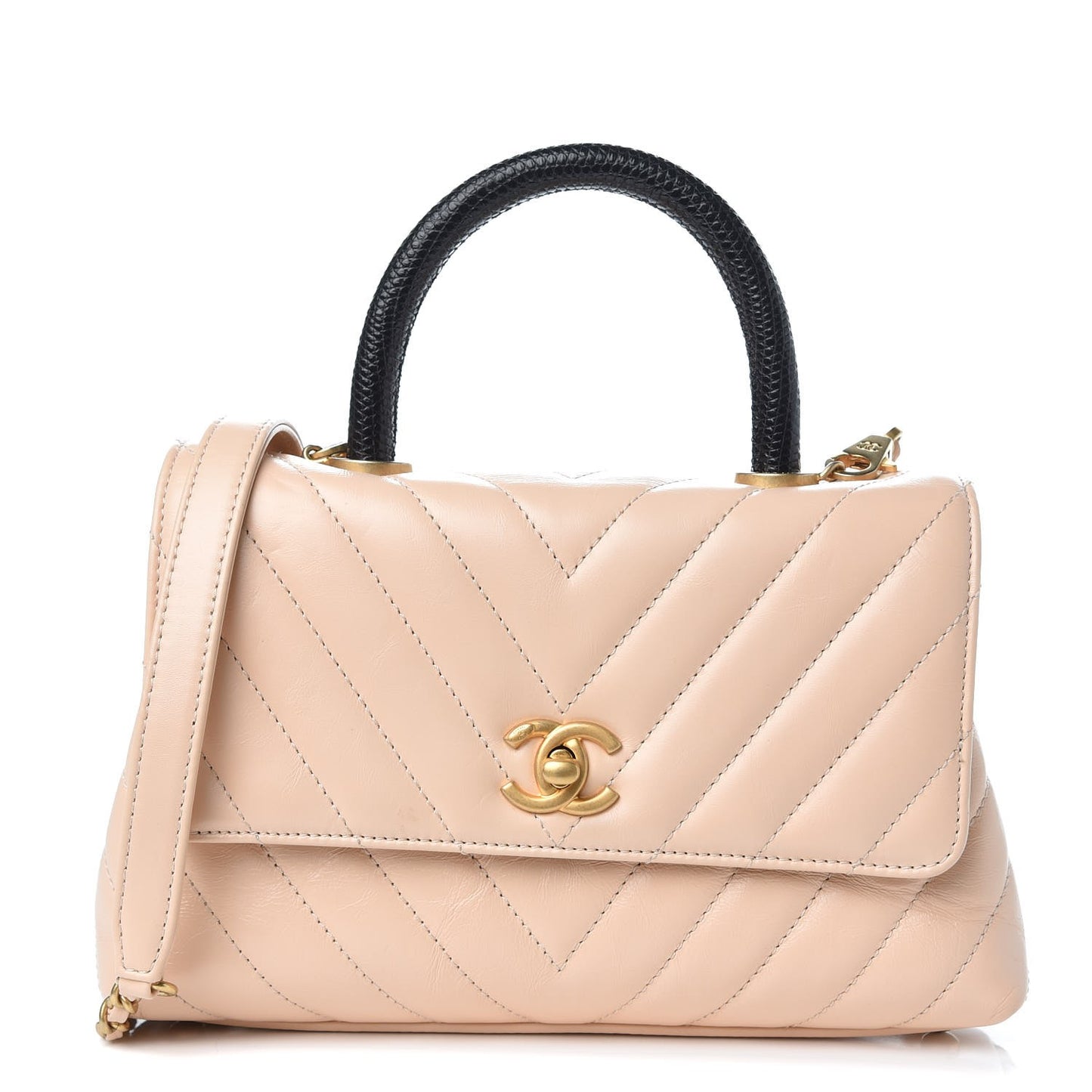 Calfskin Lizard Chevron Quilted Mini Coco Handle Flap Beige