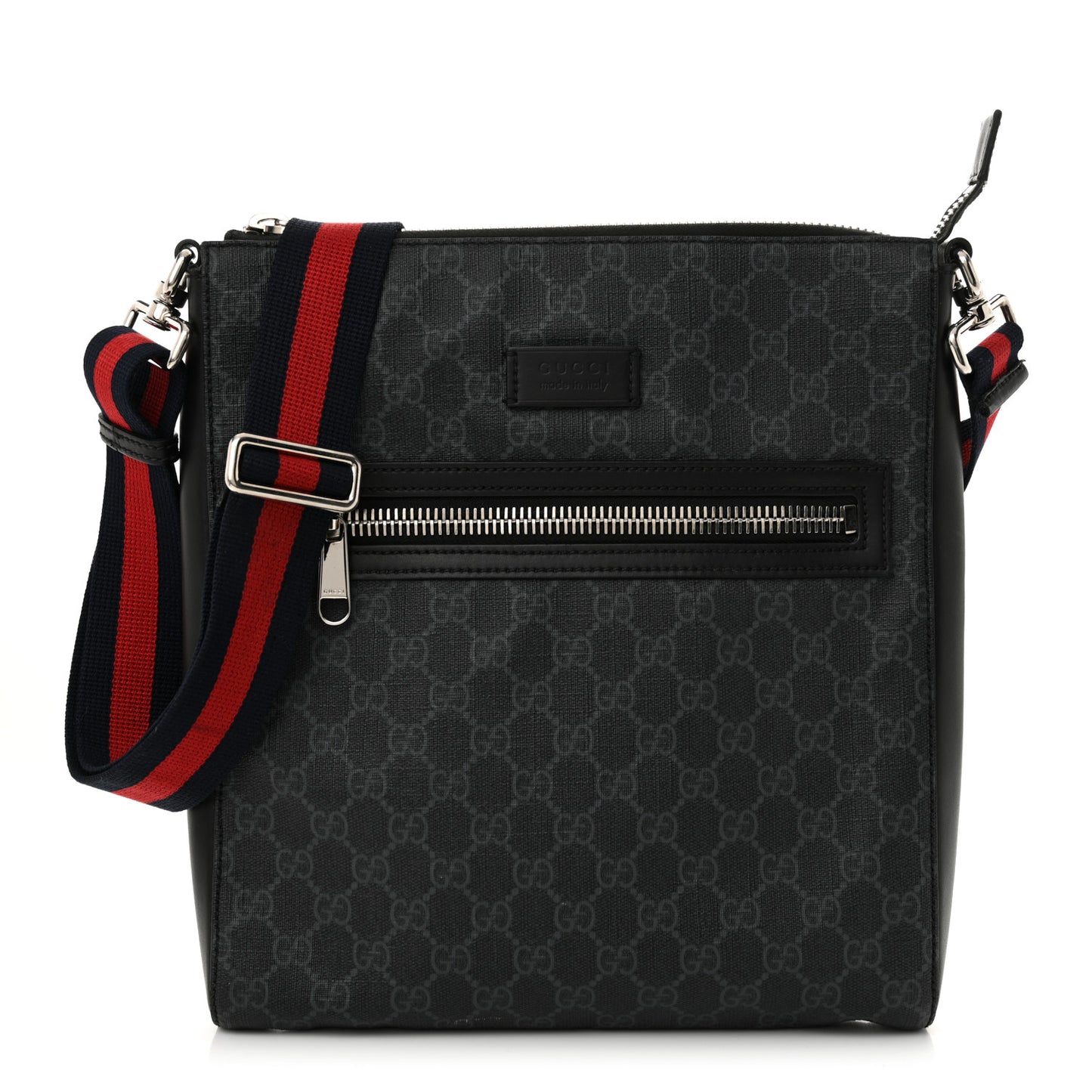 GG Supreme Monogram Appia Calfskin Web Flat Messenger Bag Black Grey