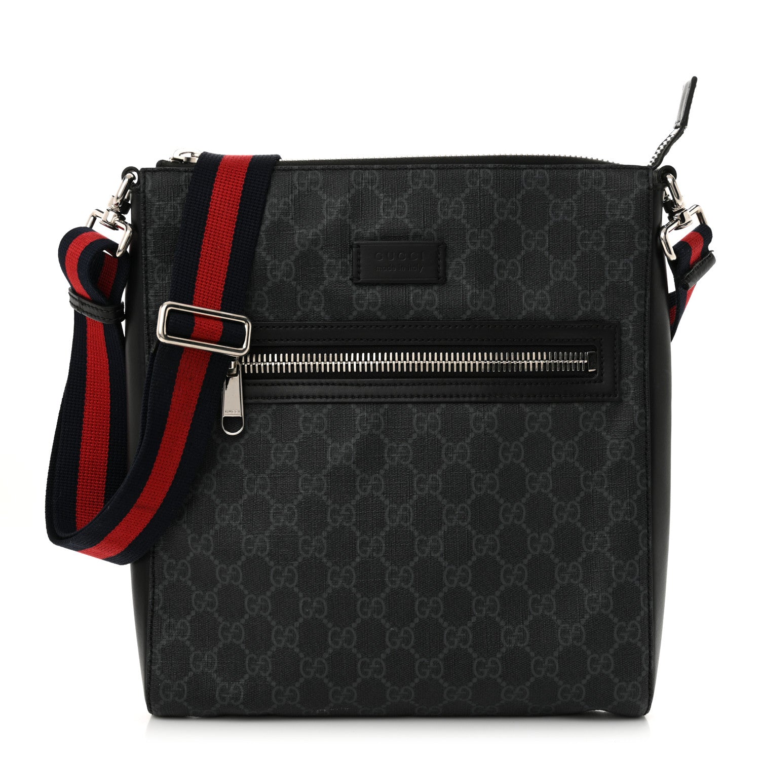Gucci GG Supreme Monogram Appia Calfskin Web Flat Messenger Bag Black Grey 1 of 12