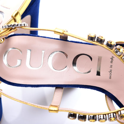 Gucci Velvet Nappa Crystal Zephyra Slingback Platform High Heel Sandals 36.5 Blue Gold 7 of 12