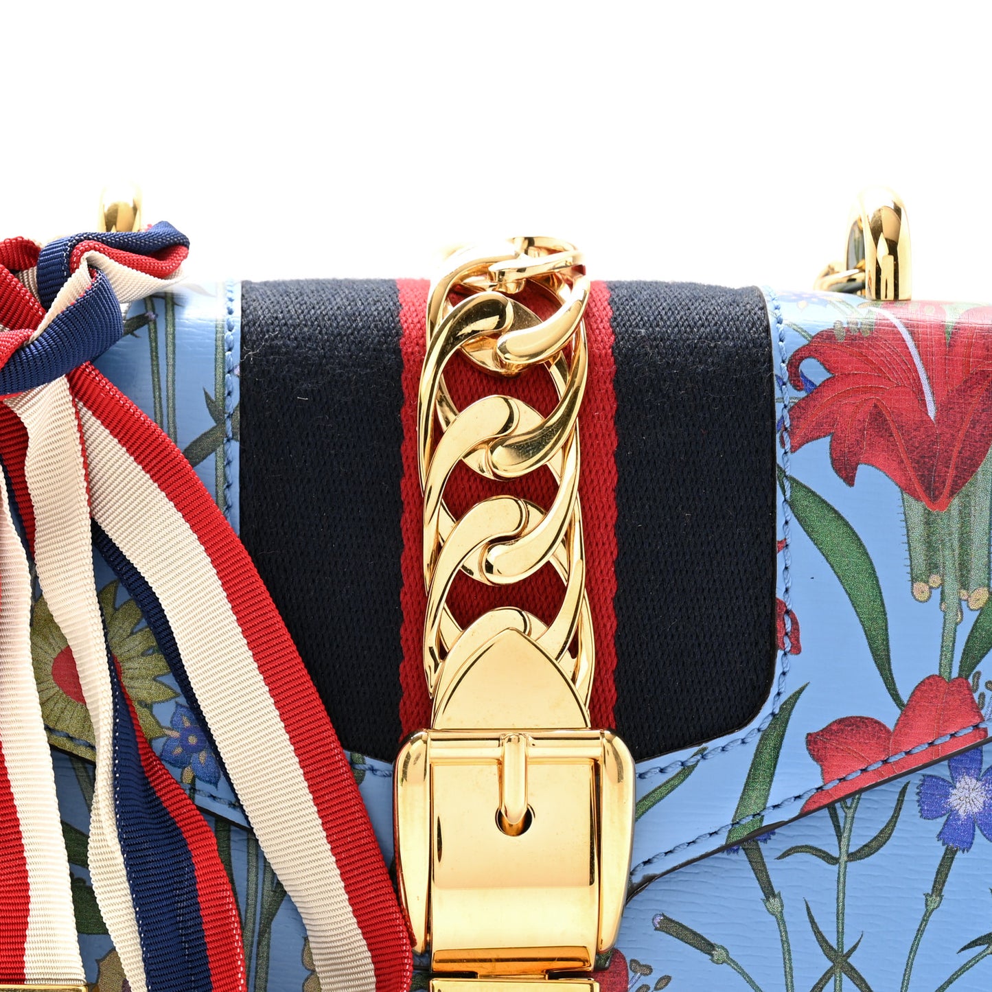 Shangai Calfskin Web New Flora Mini Sylvie Chain Shoulder Bag Azure