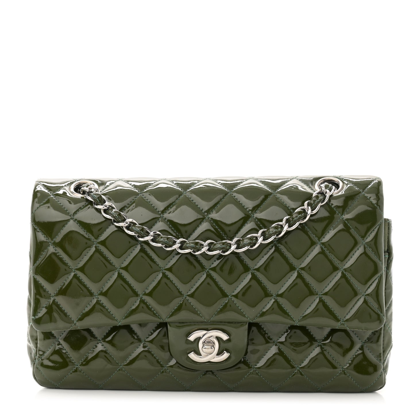 Patent Calfskin Quilted Medium Double Flap Green
