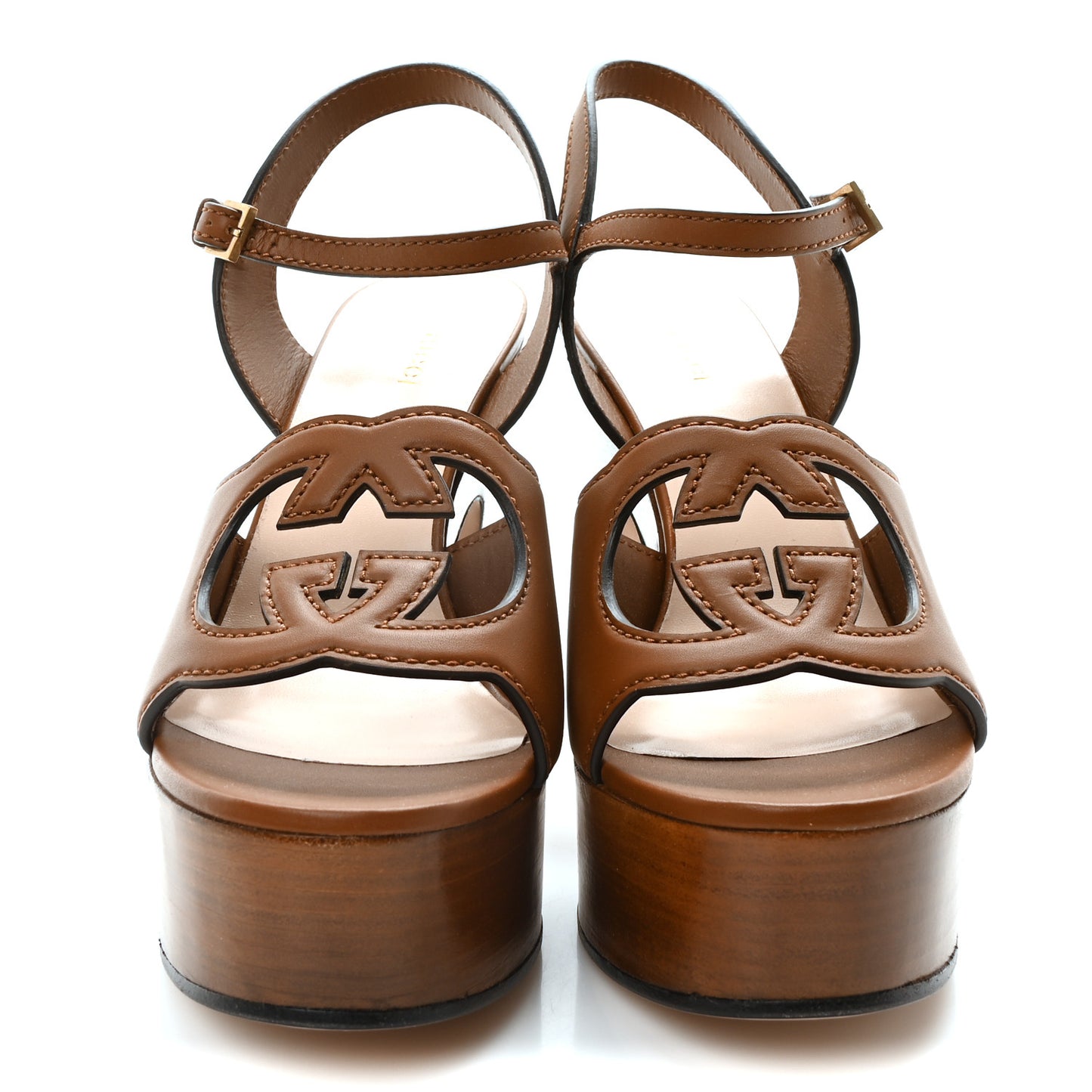 Cosmos Softy Calfskin Wooden Interlocking G Cut-Out 30/120mm Platform Sandals 40.5 Cuir