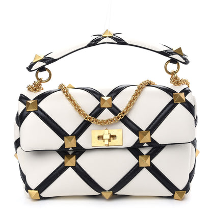 Valentino Garavani Nappa Large Roman Stud Shoulder Bag Ivory Black 1 of 8