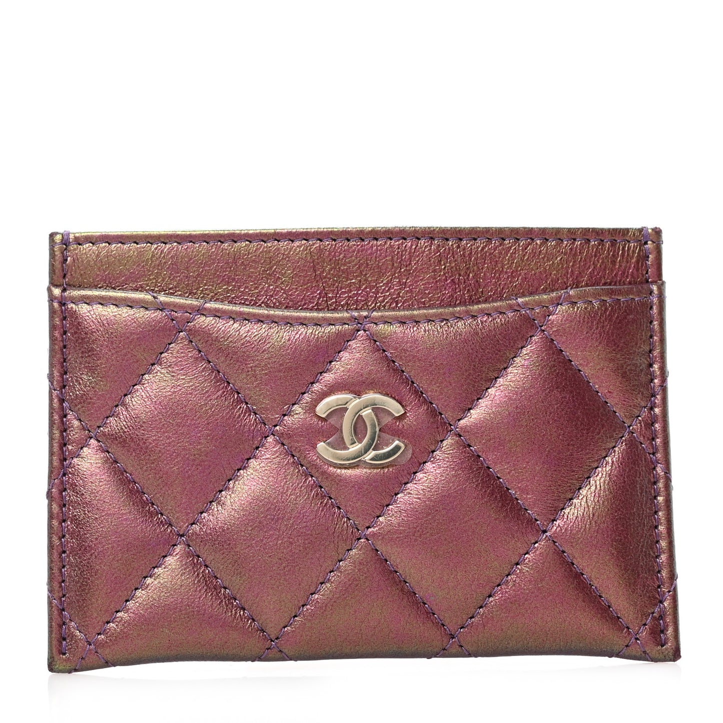 Iridescent Lambskin Quilted Card Holder Purple