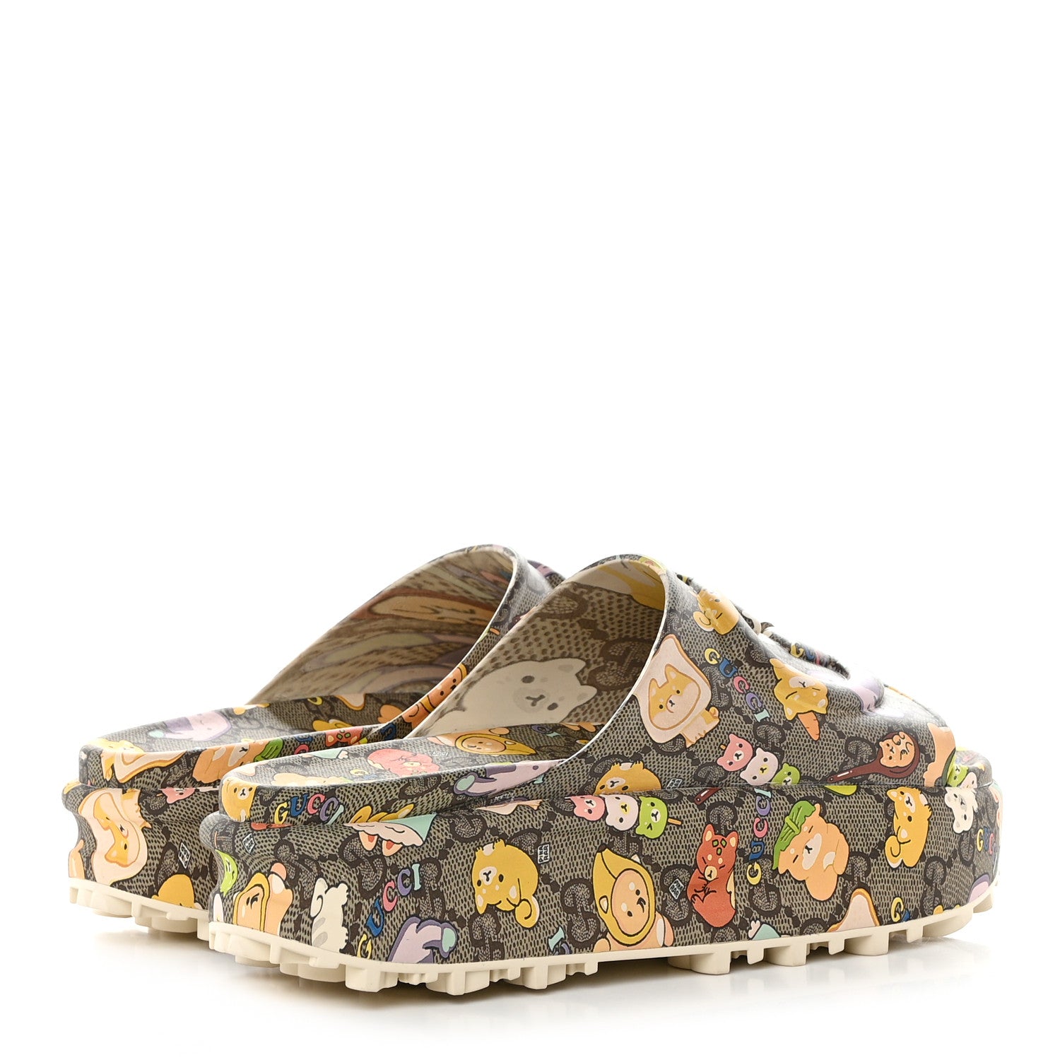 Gucci X PIKARAR Cubic Rubber Monogram Animal Print Womens Interlocking G Platform 42mm Slide Sandals 38 Beige Ebony Multicolor 4 of 9