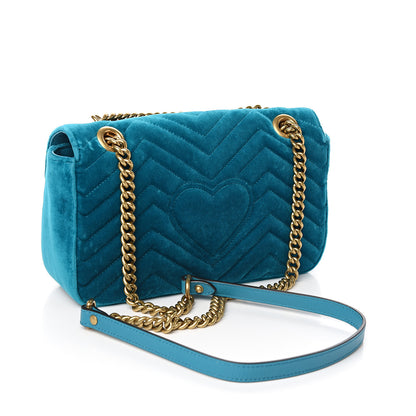 Gucci Velvet Matelasse Small GG Marmont Shoulder Bag Pavone Cyan 2 of 8