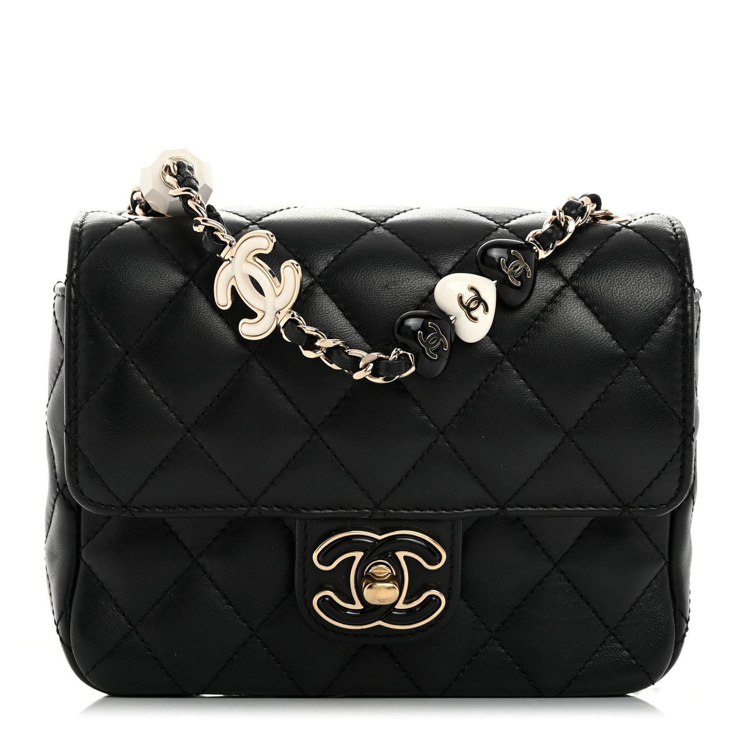 Lambskin Resin Quilted Mini Heart Square Flap Black