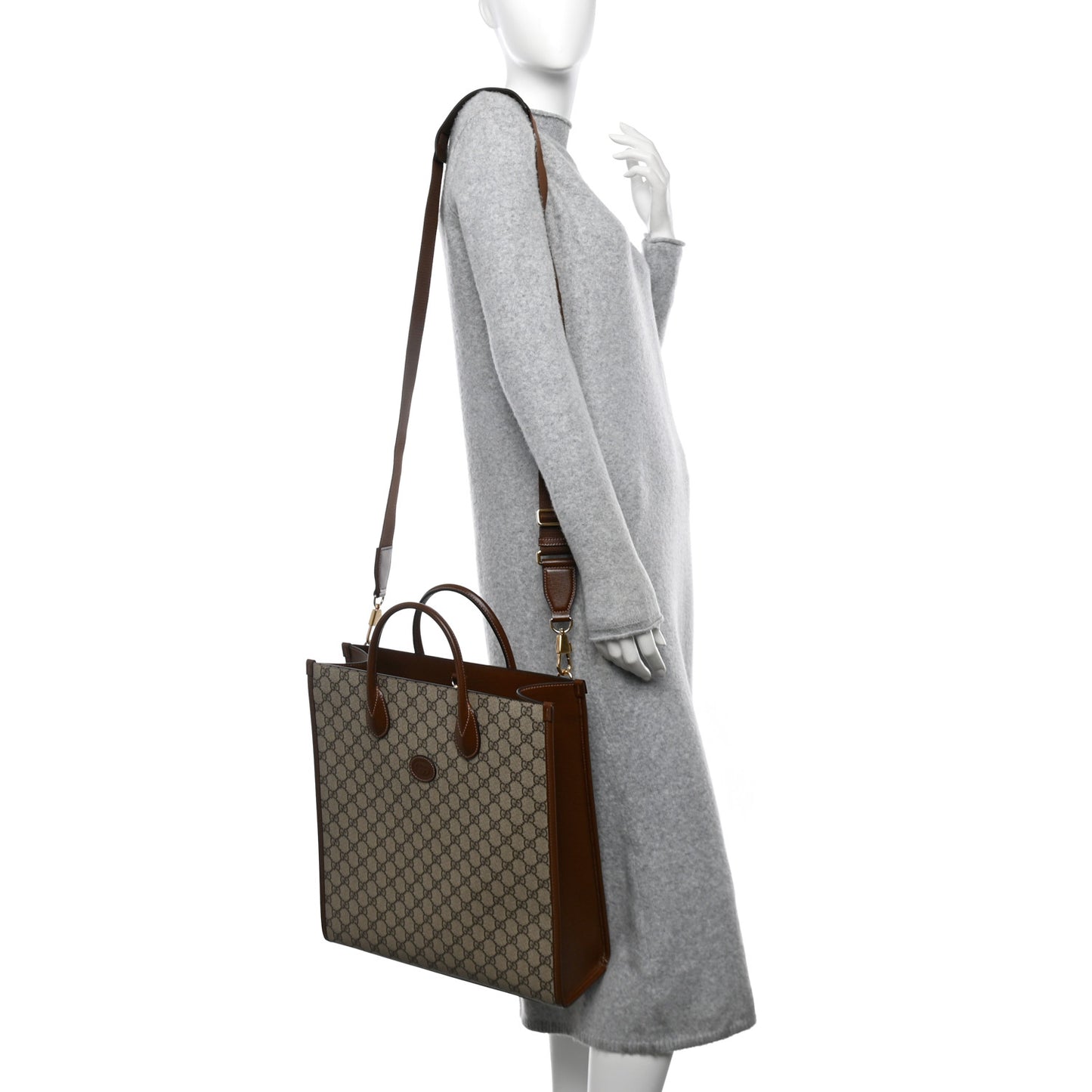 GG Supreme Monogram Textured Dollar Calfskin Web Medium Retro Interlocking G Vertical Tote Bag Beige Ebony Brown Sugar
