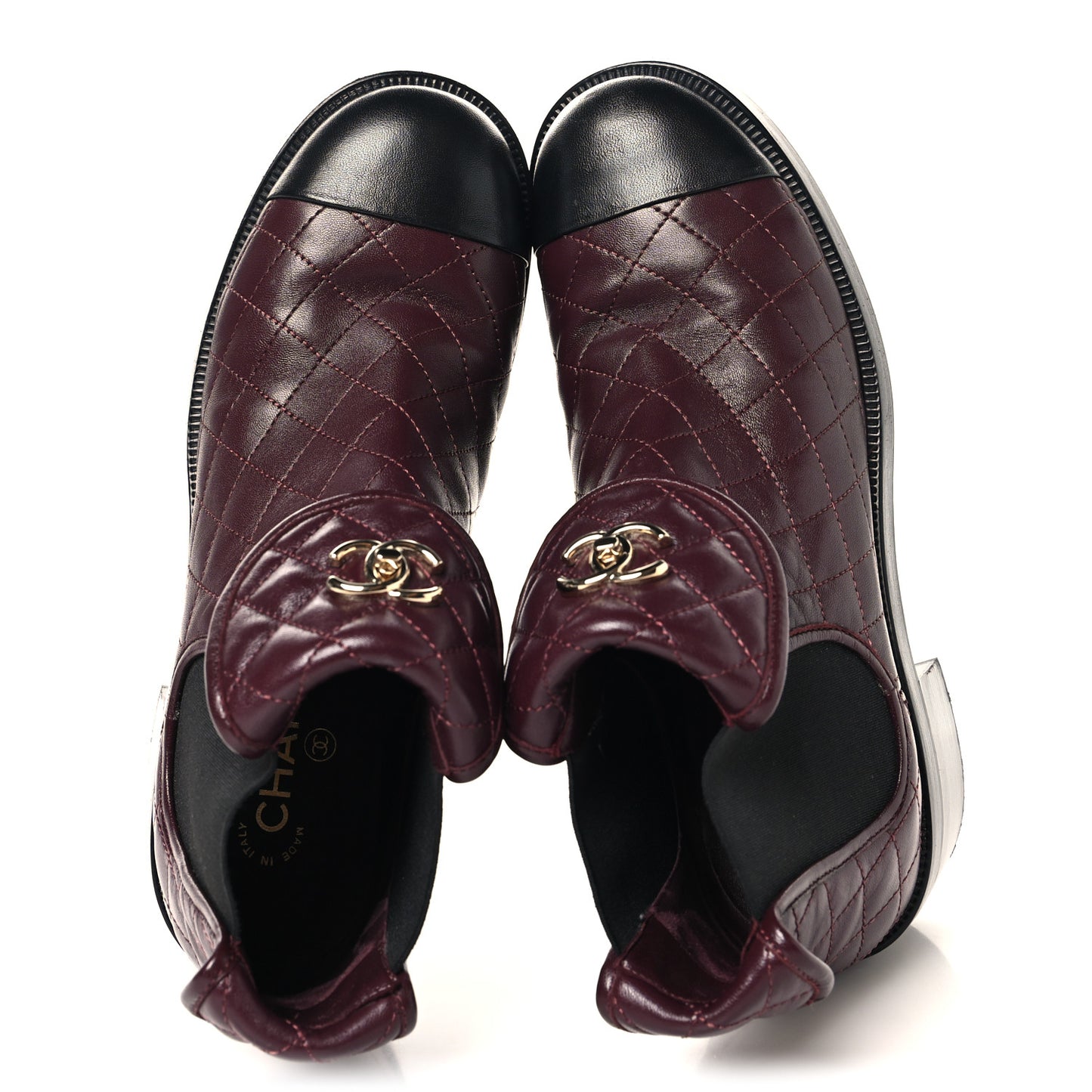 Lambskin Quilted Cap Toe CC Turnlock Booties 41 Burgundy Black