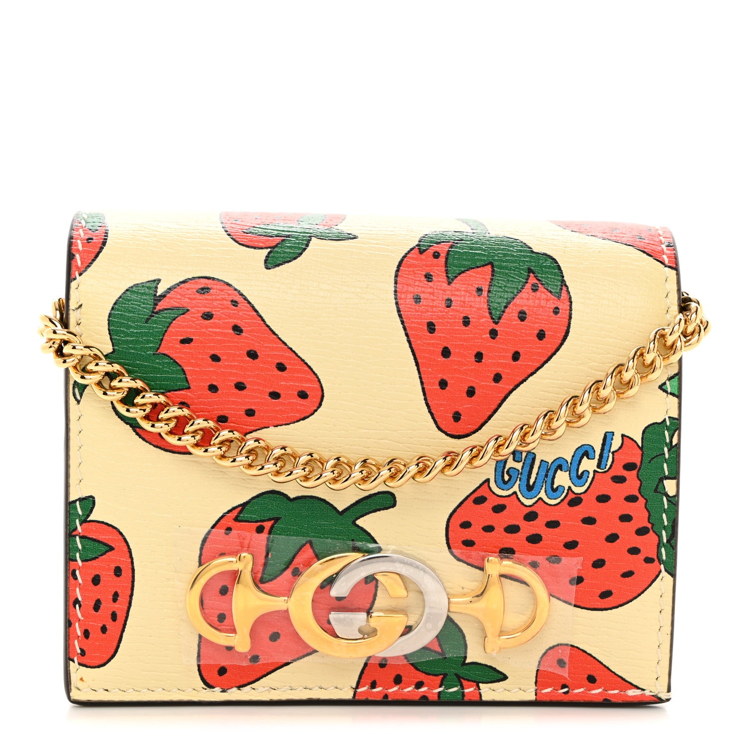 Gucci Calfskin Strawberry Print Zumi Chain Card Case Wallet Ivory Red 1 of 10