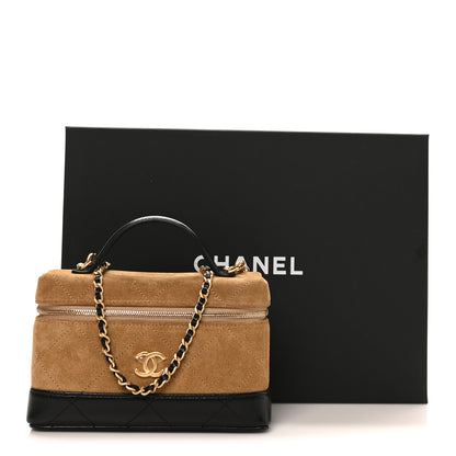 Chanel Suede Calfskin Shiny Lambskin Stitched Top Handle Slim Vanity Case With Chain Beige Black 11 of 11