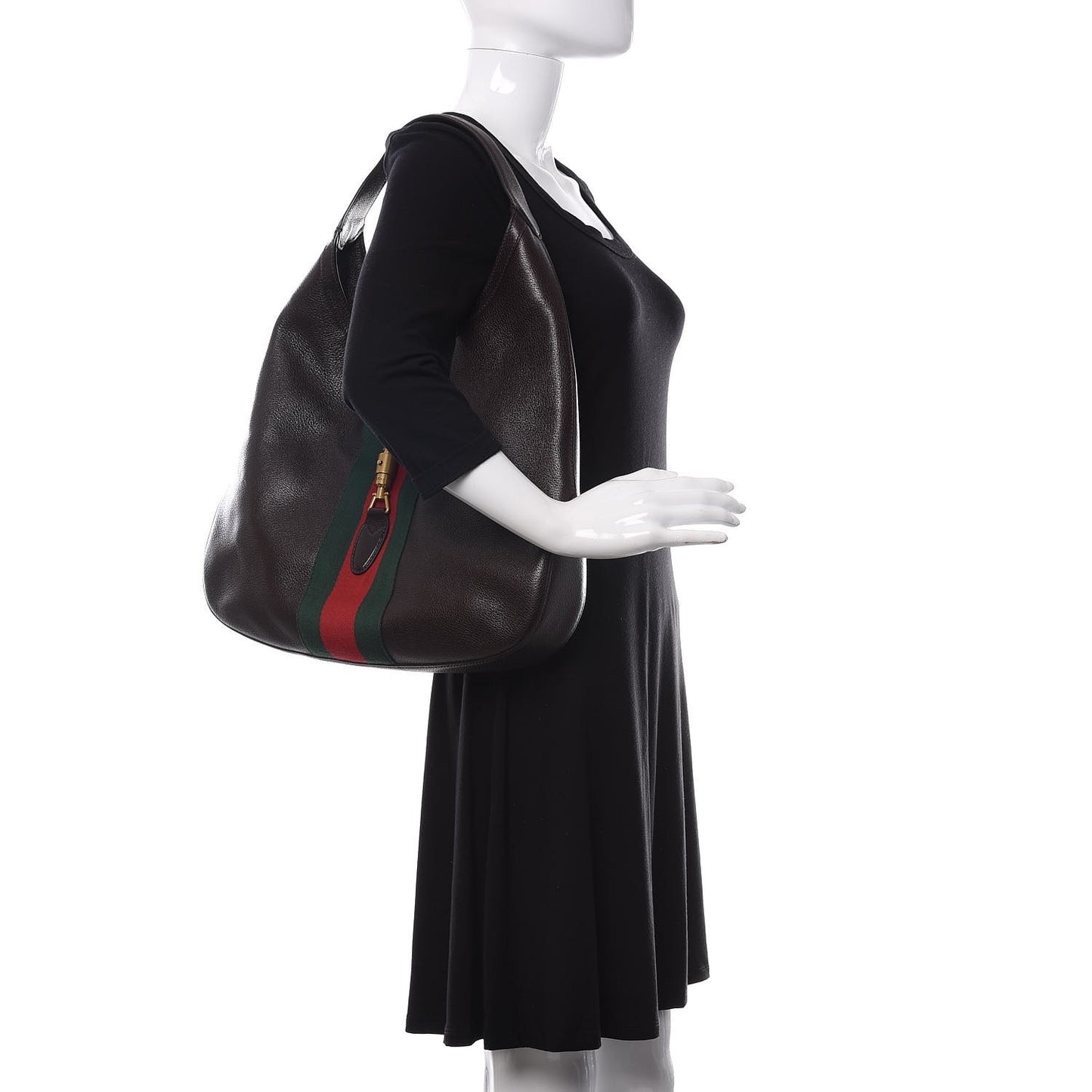 Soft Grained Calfskin Web Large Jackie Hobo Dark Brown