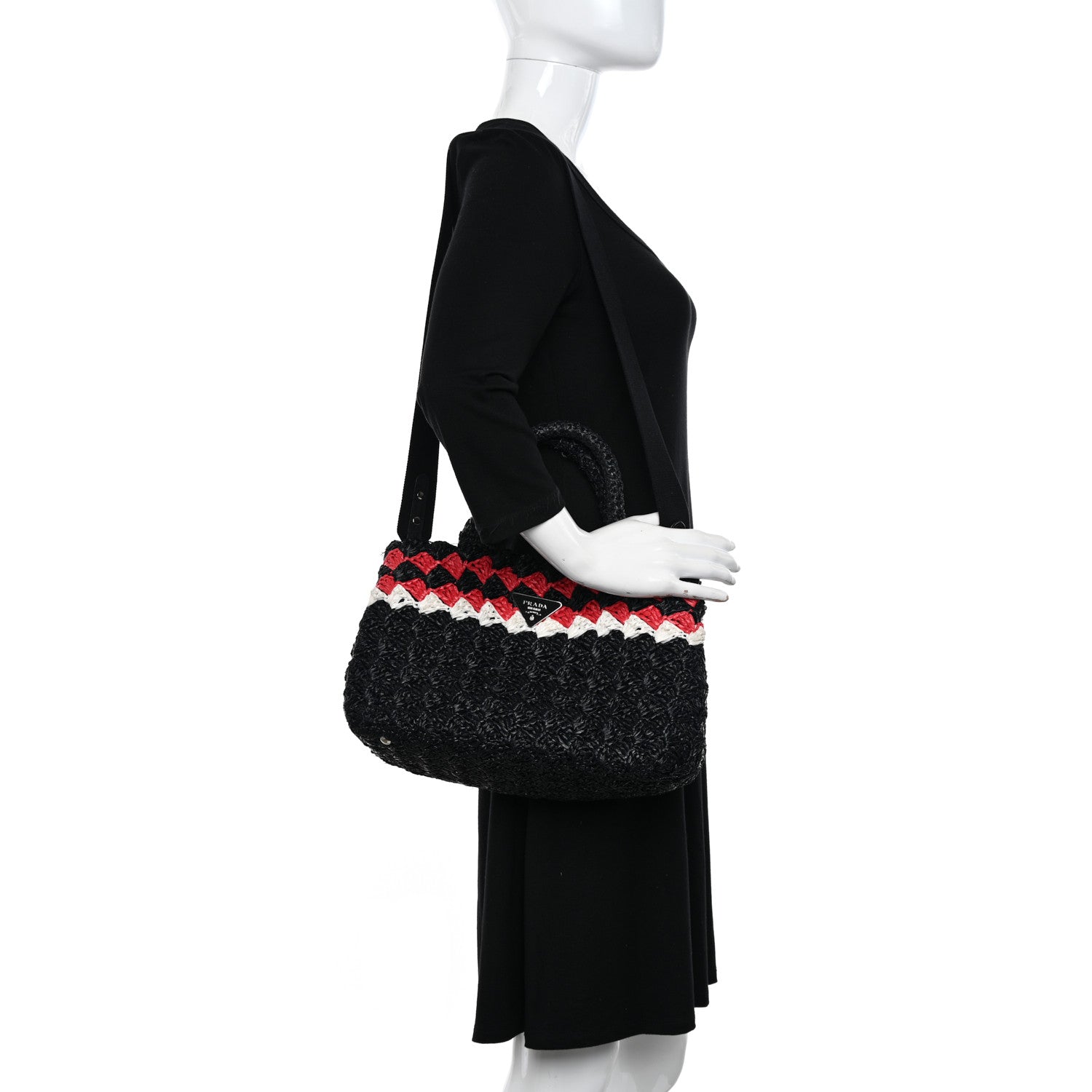 Prada Raffia Crochet Colorblock Medium Giardiniera Tote Black Fuoco 2 of 9