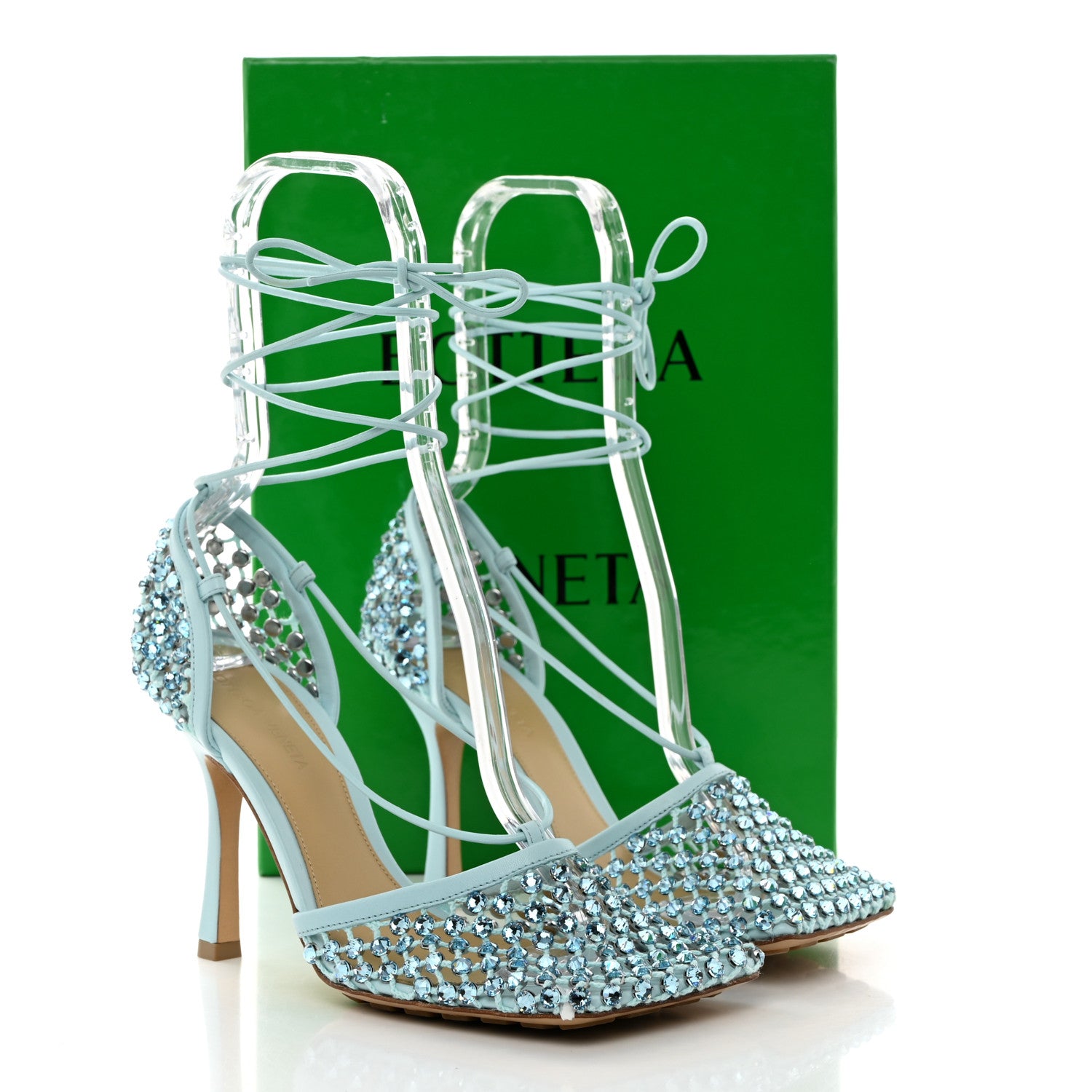 Bottega Veneta Mesh Nappa Crystal Embellished Sparkle Stretch Ankle Tie 90mm Sandals 38 Pale Blue 8 of 8