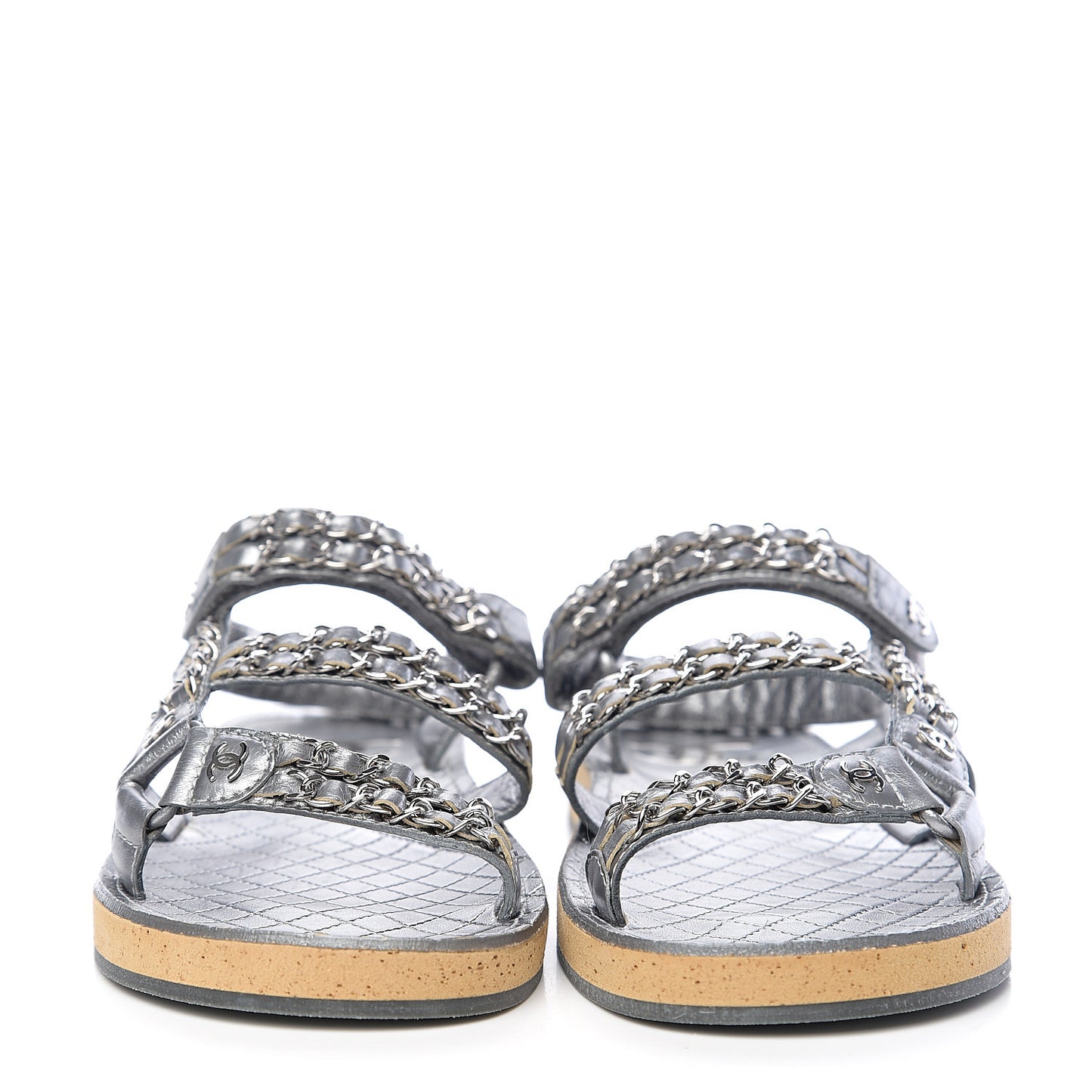 Metallic Calfskin Chain Flat Sandals 40 Silver