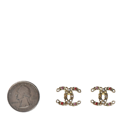 Chanel Pearl Crystal Chain Link CC Earrings Gold Red Pink Yellow 2 of 4